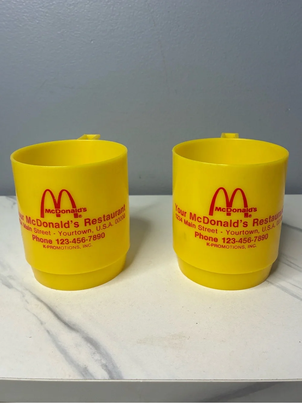 McDonald’s vintage K-Promotions Yellow Plastic Advertising Mugs Set of 2